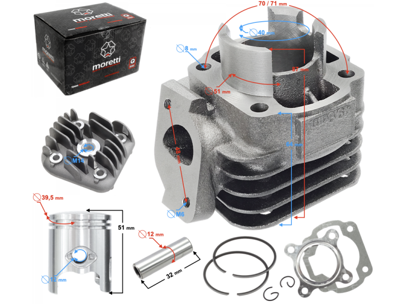 Cylinder and cylinder head for scooter 2T 50cc 1PE40QMB, bolt 12mm