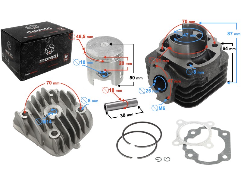Moretti Cylinder and cylinder head for scooter 2T 70cc 1PE40QMB, bolt 10mm