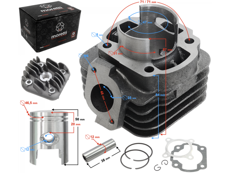 Moretti Cylinder and cylinder head for scooter 2T 70cc 1PE40QMB, bolt 12mm
