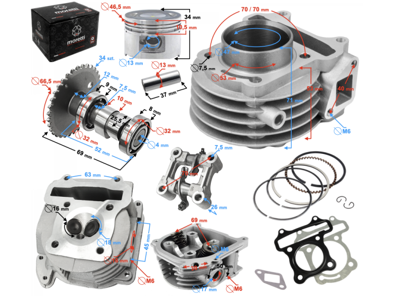 Moretti 80cc Cylinder and cylinder head for Huragan 5 scooter with horizontal engine
