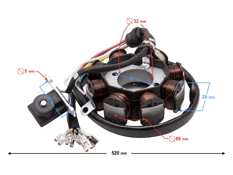 Universal ignition stator for 50cc 4T moped: 8 coils, 5 cables