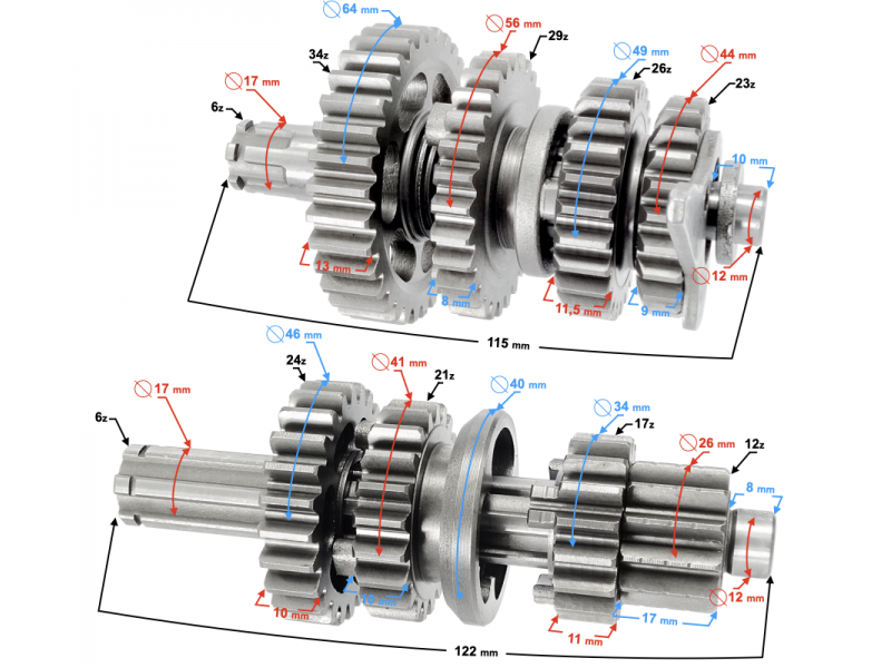 Gearbox for Moretti horizontal 152FMH engine, 110cc 4T, 4-speed manual