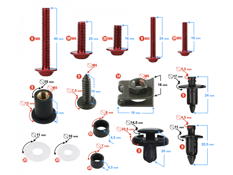 Universal Aluminium Fairing Screws Red