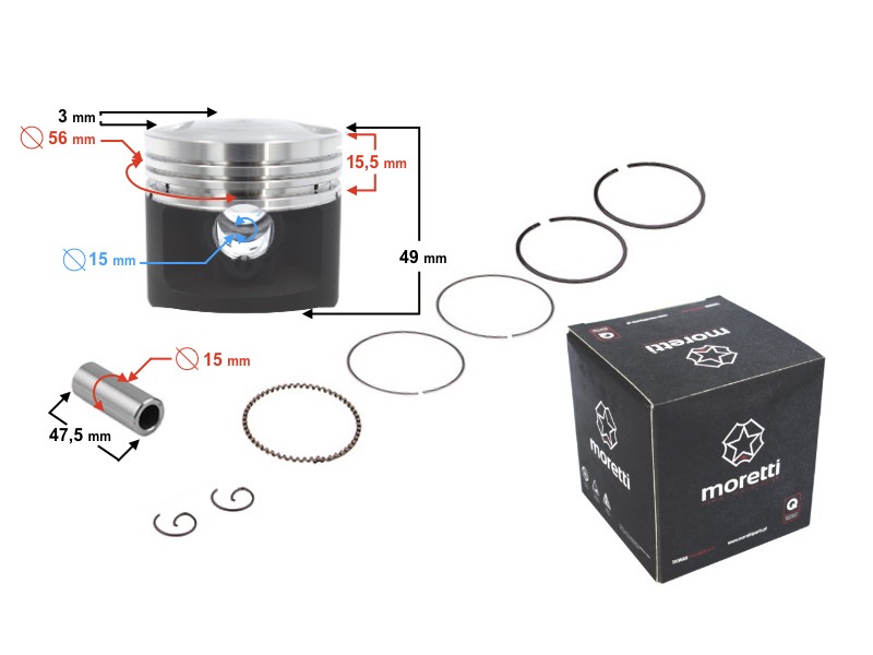 Moretti 125cc piston 4T motorcycle, graphite, diameter56,4, pin diameter 15 , height 23, set Moretti 125cc piston 4T motorcycle, graphite, diameter56,4, pin diameter 15 , height 23, set
