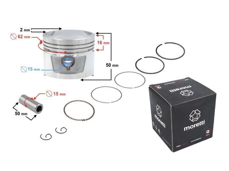 Moretti 150cc piston 4T motorcycle, diameter 62, pin diameter 13, height 23,5, set