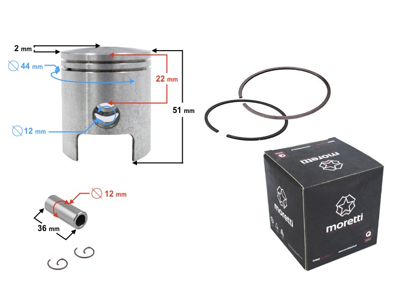 Moretti 60cc piston AM6 2T moped, diametr 44, pin diameter 12, height 28, set Moretti 60cc piston AM6 2T moped, diametr 44, pin diameter 12, height 28, set