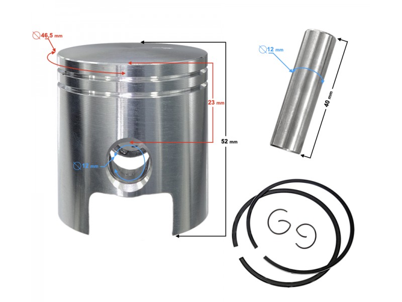 80cc piston for AM6 2T moped with vertical motor, pin 12mm, piston diameter 47mm