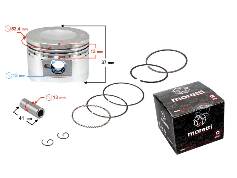 Moretti 110cc piston 4T moped, diameter 52, pin diameter 13, height 19,5, set