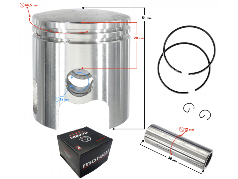 70cc piston 2T scooter, diameter 47, pin diameter 12, height 27, set