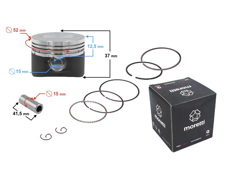 Moretti 125cc piston 4T scooter, graphite, diameter 52,4, pin diameter 15, height 20, set