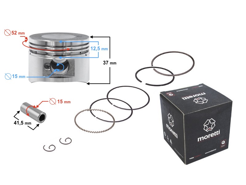 Moretti 125cc piston 4T scooter , diameter 52,4, pin diameter 15, height 20, set