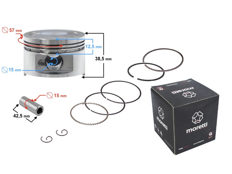 Moretti 150cc piston 4T scooter, diameter 57,4, pin diameter 15, height 20, set