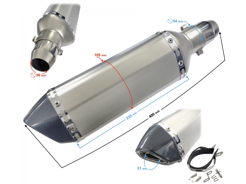 STAL013 Universal tunning muffler 370 mm (color: titanium - black ending) STAL013 Universal tunning muffler 370 mm (color: titanium - black ending)