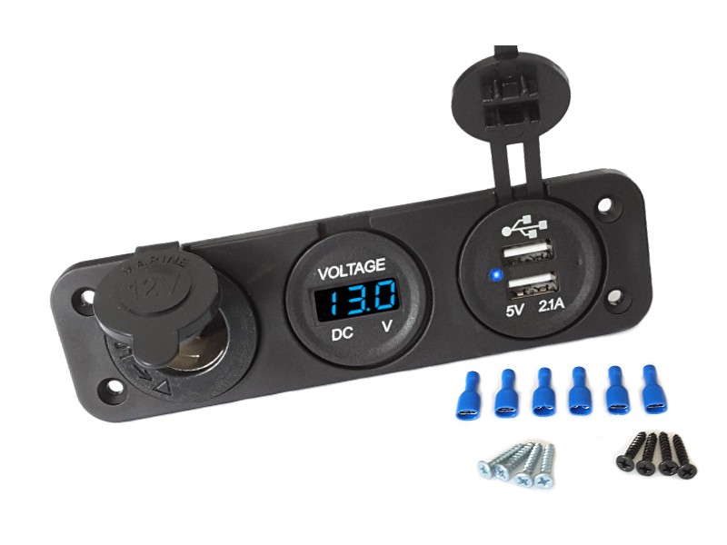 Cigarette Lighter Socket USB 12v Voltmeter Blue Display