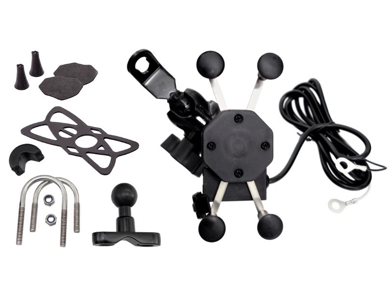 Motorcycle phone holder with USB, 2 mounts