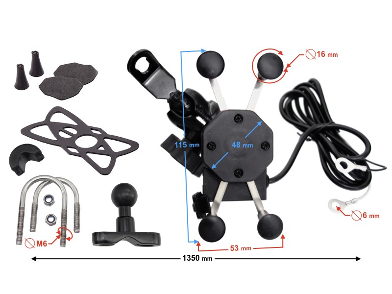 Motorcycle phone holder with USB, 2 mounts