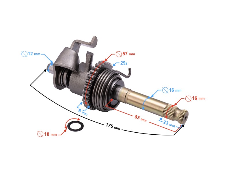 Kick starter shaft for motorcycle with Moretti engine