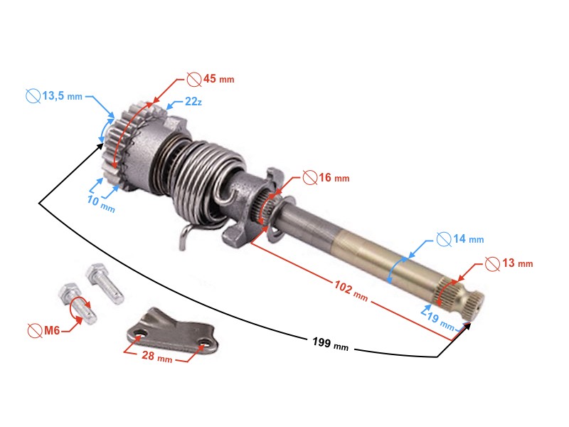 Kick starter shaft for 125cc Moretti moped
