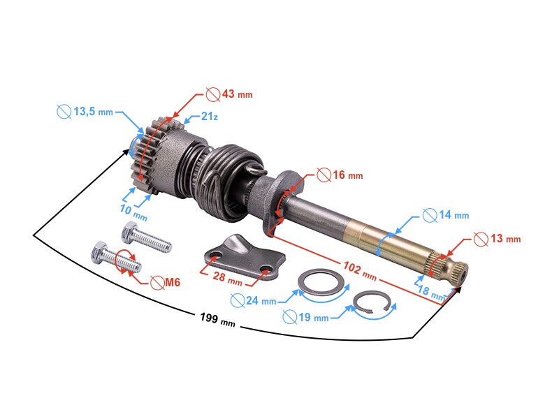 Kick starter shaft for 130cc 4T moped