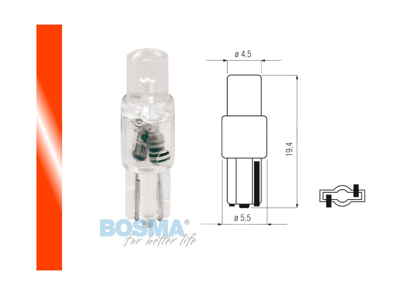 Lightbulb BOSMA 12V 1*LED STANDARD T05 RED WIDE VIEWING BLISTER ( 4 pcs.)