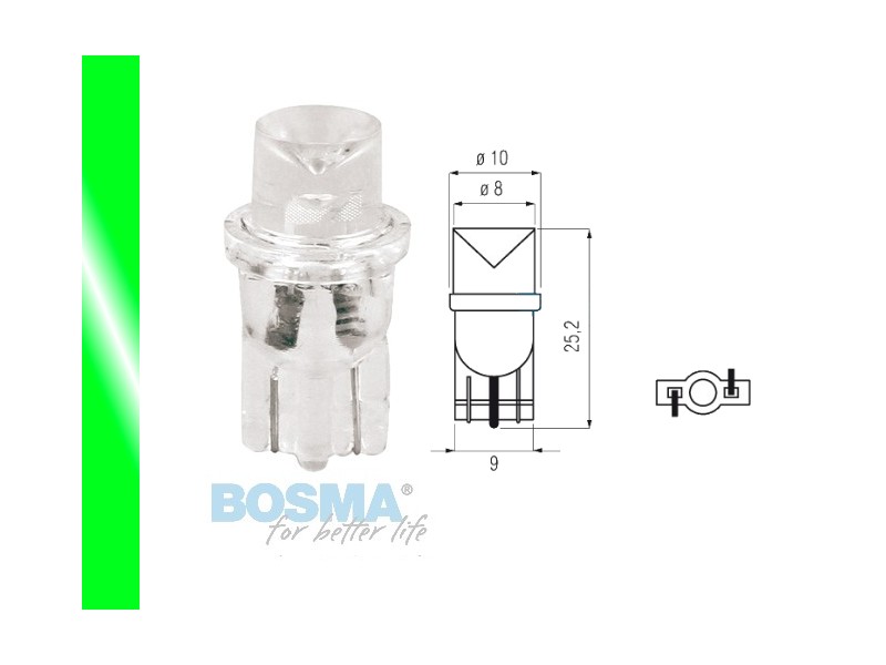 Lightbulb BOSMA 12V 1*LED STANDARD T10 GREEN WIDE VIEWING BLISTER