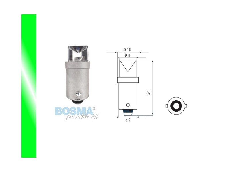 Lightbulb BOSMA 12V 1*LED STANDARD BA9s GREEN WIDE VIEWING BLISTER