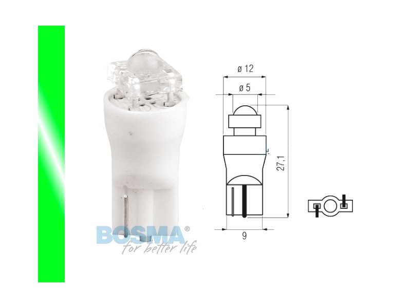 Lightbulb BOSMA 12V 1*LED STANDARD T10 GREEN DIAMOND