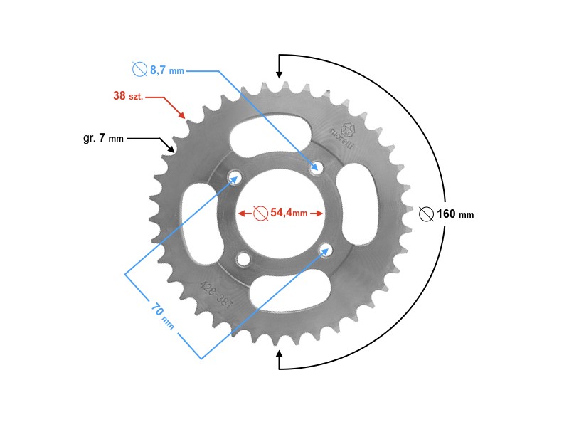 Rear sprocket Moretti 38/428 for Ogar