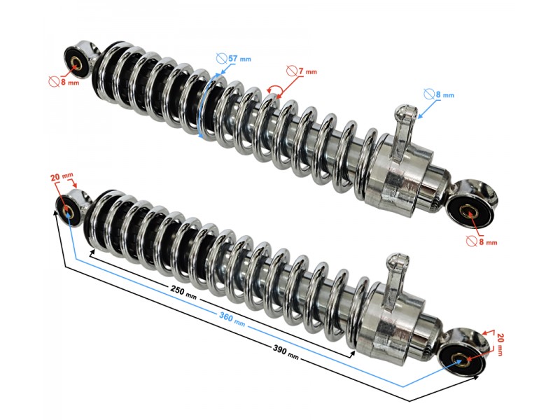 Shock absorbers for Simson, length 365mm, bushings 8mm Shock absorbers for Simson, length 365mm, bushings 8mm