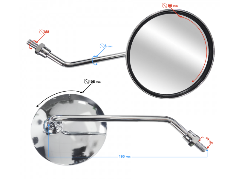 R + R mirrors ( thread diameter 8 mm) chrome