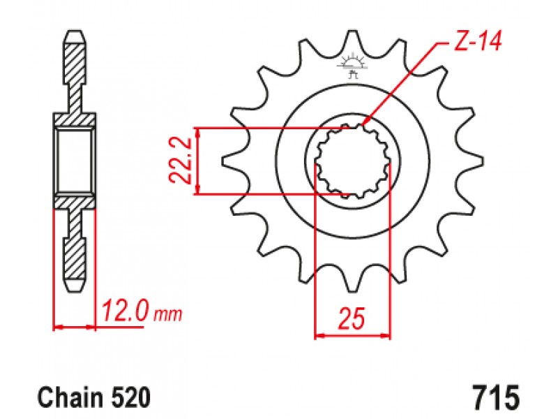 Pinion fata Gas Gas EC 200-450 '99-'19/ Rieju MR200-300 '21-'24 (12 dinti) JTF715.12 Enduro Expert 71512EE Pinion fata Gas Gas EC 200-450 '99-'19/ Rieju MR200-300 '21-'24 (12 dinti) JTF715.12 Enduro Expert 71512EE