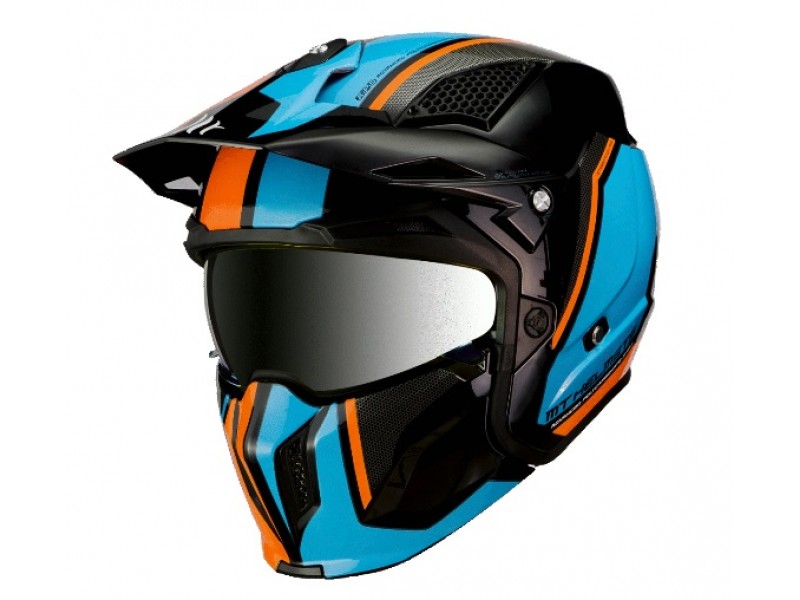 Casca MT Streetfighter SV Twin A4 negru/albastru/portocaliu fluor lucios (ochelari soare integrati) - masca (protectie) barbie si cozoroc detasabile Casca MT Streetfighter SV Twin A4 negru/albastru/portocaliu fluor lucios (ochelari soare integrati) - masca (protectie) barbie si cozoroc detasabile